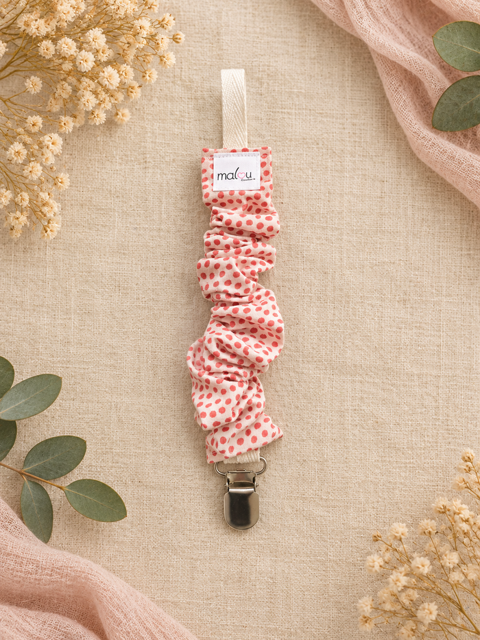 Attache-tétine Blanc Pois Corail – Atelier Malou 284
