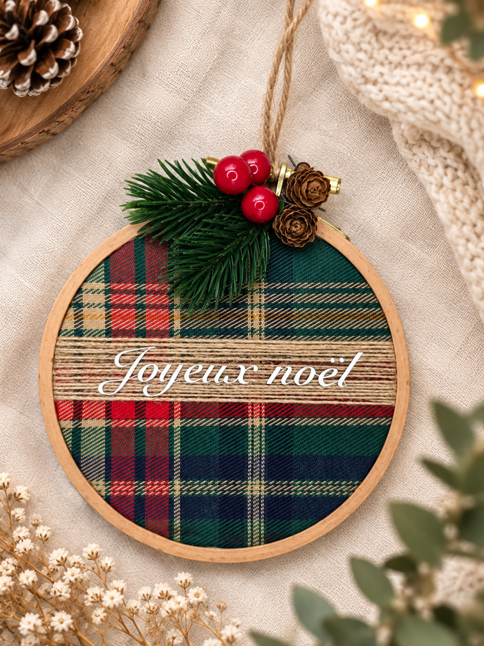 Boule de Noël tambour broderie Joyeux Noël tartan vert