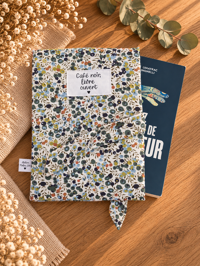 Pochette pour livre broché Café noir, livre ouvert, motif floral, avec livre