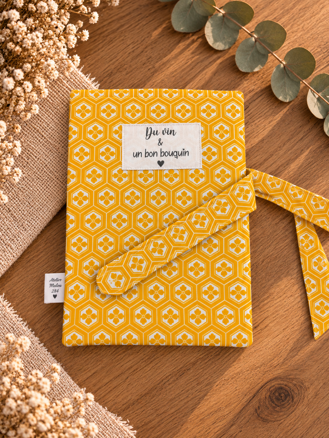 Pochette pour livre broché Du vin & un bon bouquin, motif jaune floral, avec livre