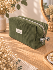 Trousse de toilette Fleurs des champs en velours vert, vue extérieure
