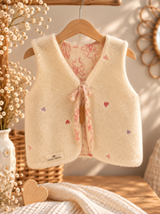 Gilet berger enfant réversible coton ballerine et sherpa ivoire brodé de petits cœurs, face sherpa