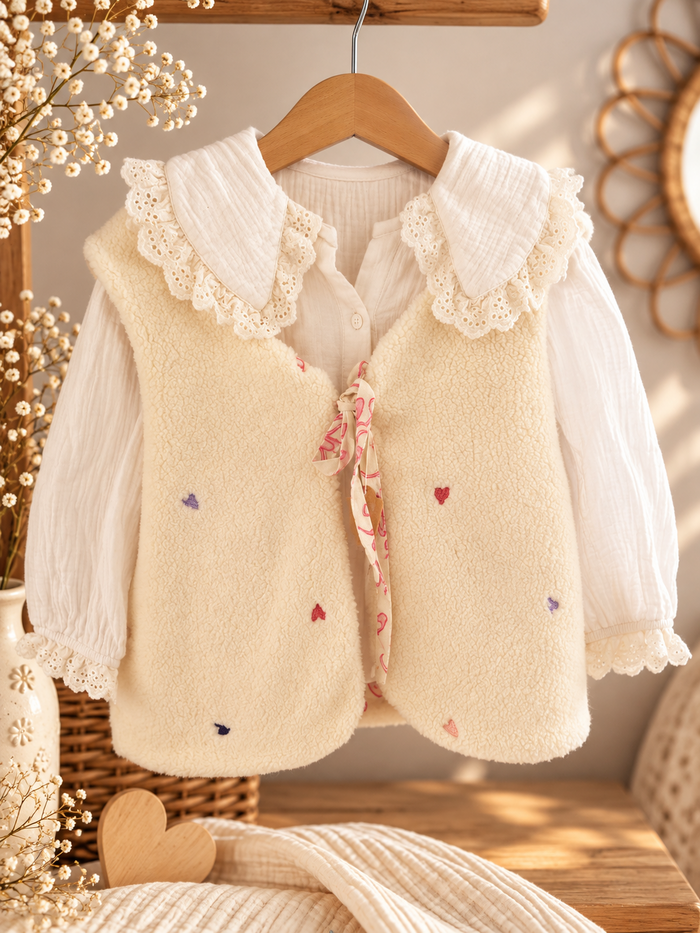 Gilet berger enfant réversible coton ballerine et sherpa ivoire, face sherpa portée