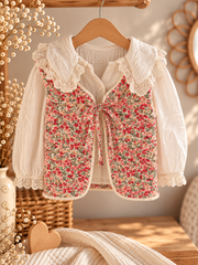 Gilet berger enfant réversible Liberty rose et sherpa ivoire, face Liberty rose fleuri