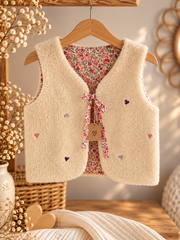 Gilet berger enfant réversible Liberty rose et sherpa ivoire brodé de petits coeurs
