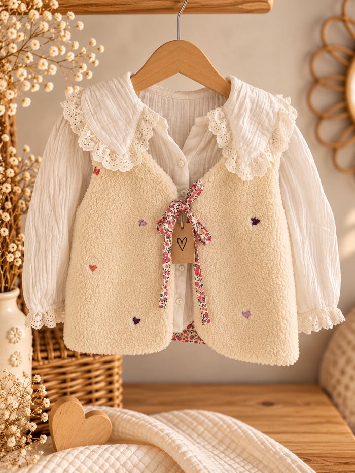 Gilet berger enfant réversible Liberty rose et sherpa ivoire brodé de petits coeurs, face sherpa