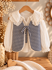 Gilet berger enfant réversible vichy gris et sherpa blanc avec blouse blanche