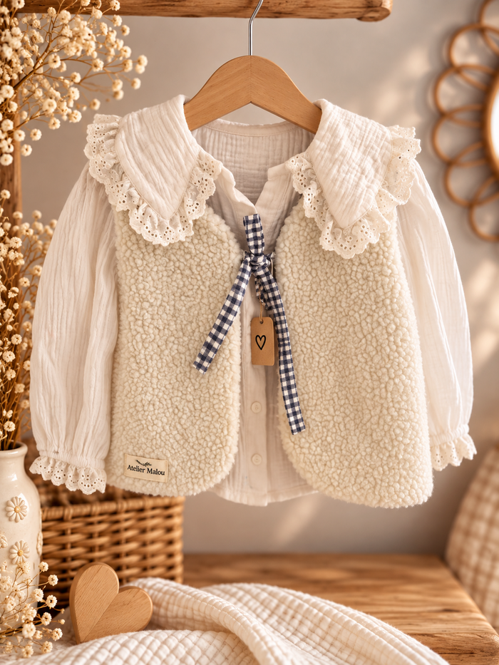Gilet berger enfant réversible vichy gris et sherpa blanc, face sherpa