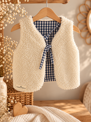 Gilet berger enfant réversible vichy marine et sherpa blanc, face sherpa