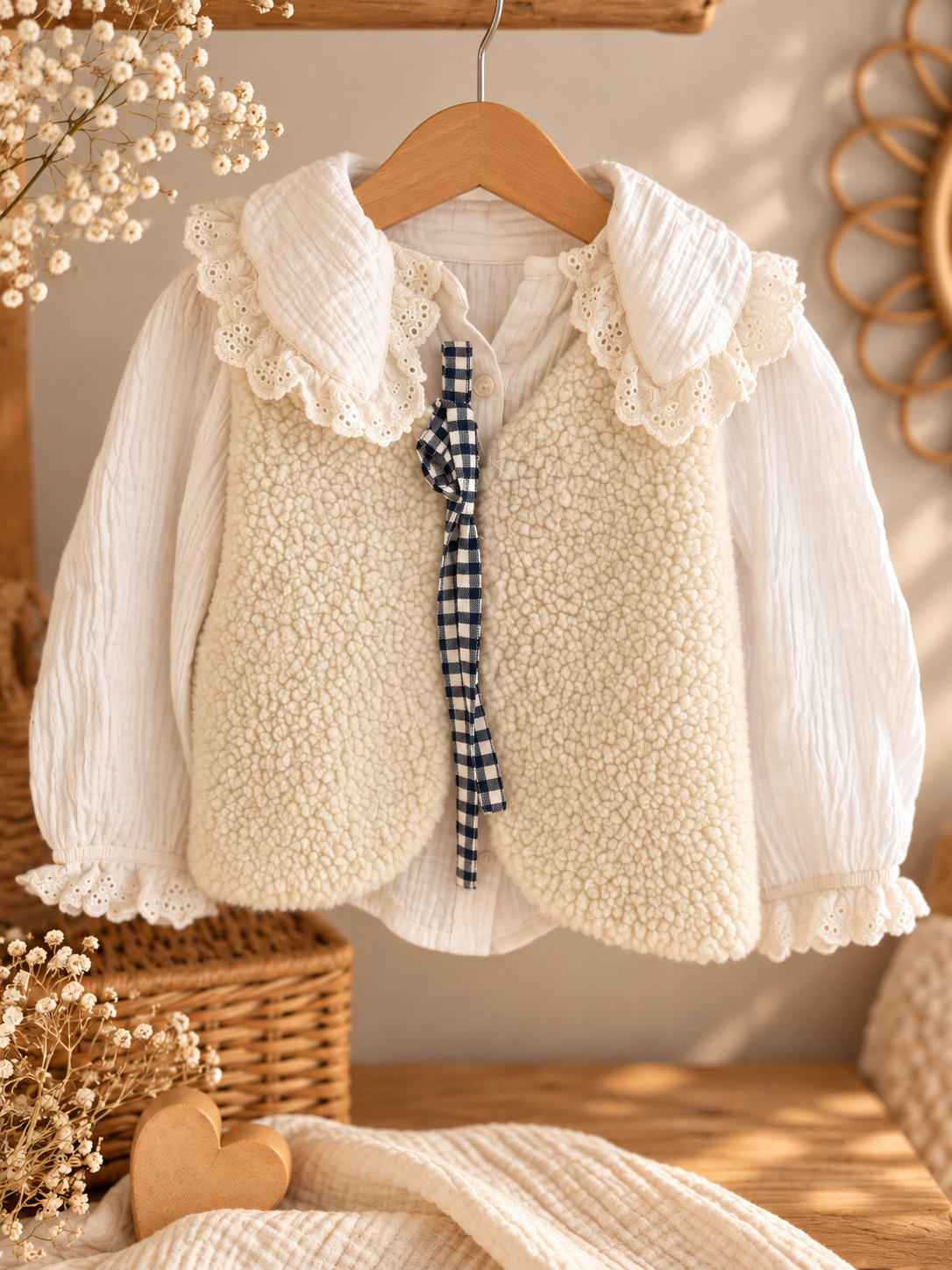 Gilet berger enfant vichy marine et sherpa blanc porté sur une blouse
