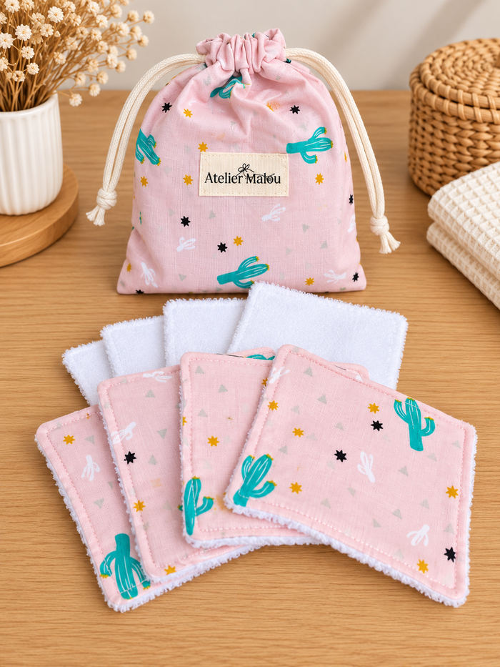 Lingettes lavables Arizona en éponge de bambou avec leur petit sac rose