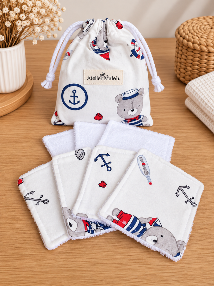 Lingettes lavables Marin en éponge de bambou avec leur petit sac marin