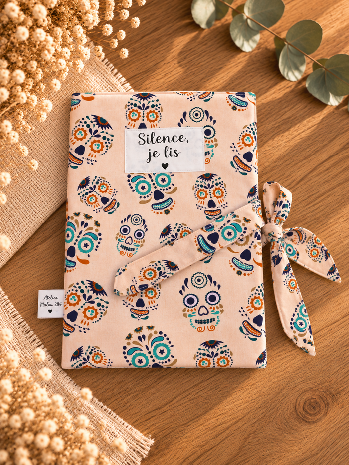 Pochette pour livre broché Silence, je lis, motif têtes de mort colorées, sans livre