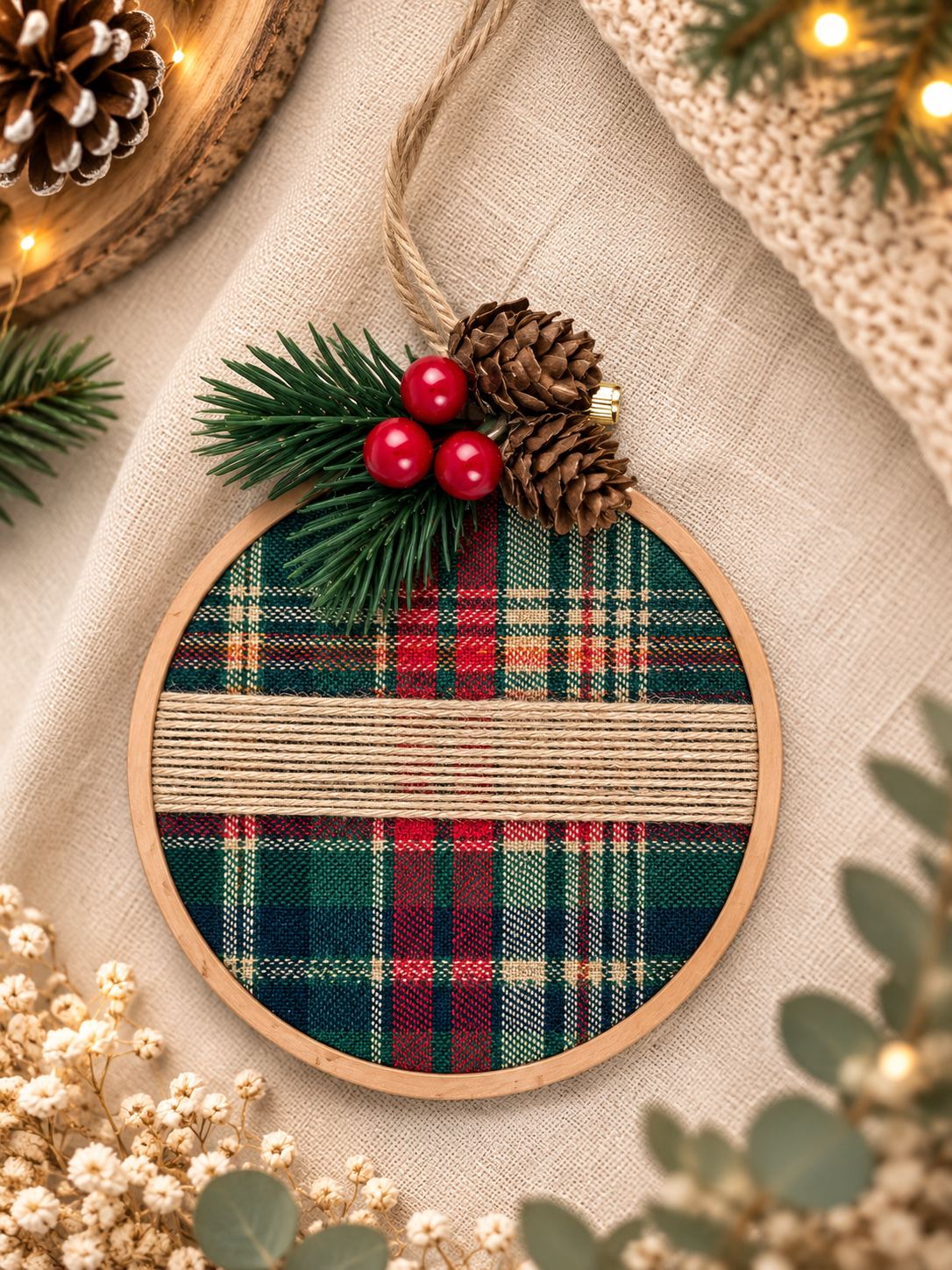 Tambour de Noël en tissu tartan vert et rouge avec décoration naturelle