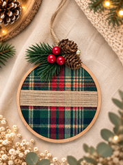 Tambour de Noël en tissu tartan vert et rouge avec décoration naturelle