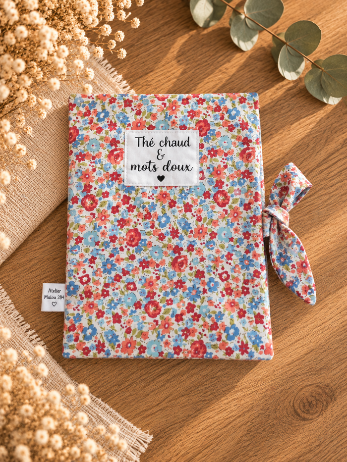Pochette pour livre ou liseuse Thé chaud & mots doux, motif floral, sans livre