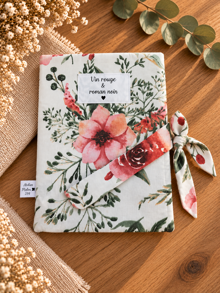 Pochette pour livre broché Vin rouge & roman noir, motif floral, sans livre